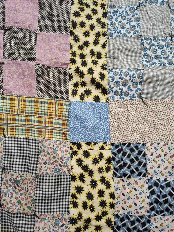 Mid-Century American Hand-Pieced and Hand-Tied Cotton and Suiting Patchwork Utility Quilt from auction in Dundee, Ohio — image 6