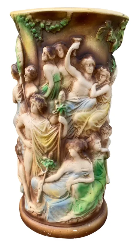 Large Mid Century Dimensional High Relief Dionysian Roman Garden Bath Festival Chalkware Vase from auction in Dundee, Ohio — image 11