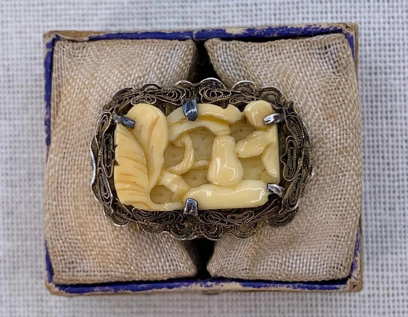 Antique Chinese Export Hand Carved Silver Filigree Ring in Old Silk Trimmed Ring Box Base from auction in Dundee, Ohio — image 17