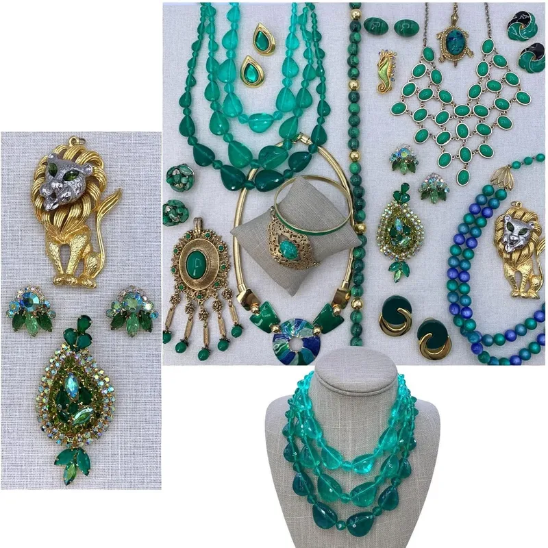 Dramatic 24 pc Mid Century to 80s Byzantine, Lion, Turtle, German Emerald Ombre Jewelry Collection from auction in Dundee, Ohio — image 19