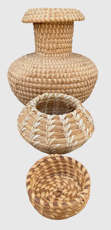 Trio of Vintage Coiled Sweetgrass and Papago Baskets: Miniature to 11 inch in Size from auction in Dundee, Ohio — image 25
