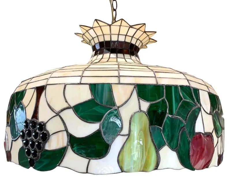 Fantastic LARGE 22 inch Lead Stained and Slag Glass Fruit Ceiling Pendant Light Shade from auction in Dundee, Ohio — image 28
