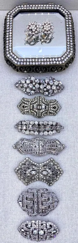 8 Vintage Art Deco Duette Rhinestone Dress, Fur, Shoe Clip and Brooch Combo in Jeweled Metal Box from auction in Dundee, Ohio — image 44