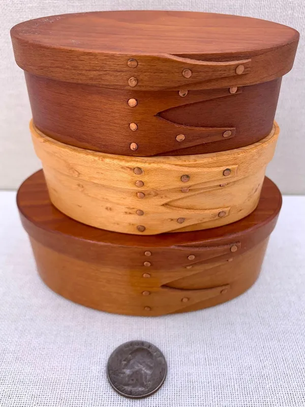 Trio Miniature Shaker Copper Tack Swallowtail Pantry Boxes, Orleans Massachusetts from auction in Dundee, Ohio — image 48