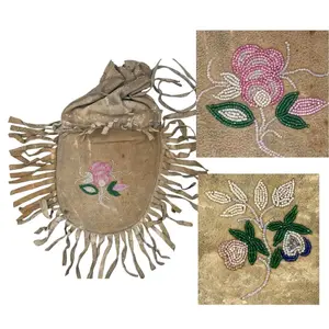 19th Century Native American Plains Indian Fringed Buckskin Floral Seed Bead Trimmed Medicine Bag