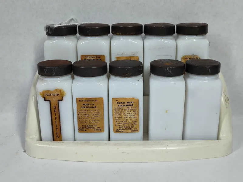 Griffith Milk Glass Spice Jars & Rack from auction in Dundee, Ohio — image 41