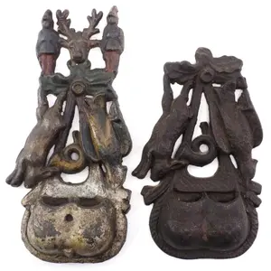 (2) Large cast iron hunting theme match safes
