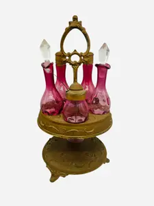 Vintage Five Bottle Cranberry Thumbprint Cruet Castor Set