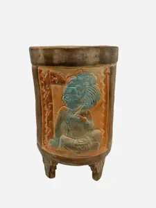 Maya Relief Carved Clay Pottery Tripod Cylinder Vessel