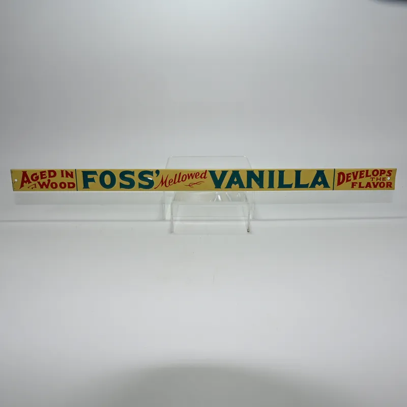 Foss Mellowed Vanilla Extract Embossed Strip Sign from auction in Winnetka, Illinois — image 30