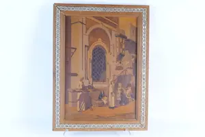 Inlaid Wood Panel - Market Scene