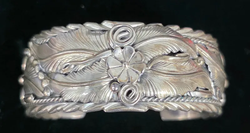 Stunning Navajo Silver Floral & Feather Bracelet from auction in Bogart, Georgia — image 30