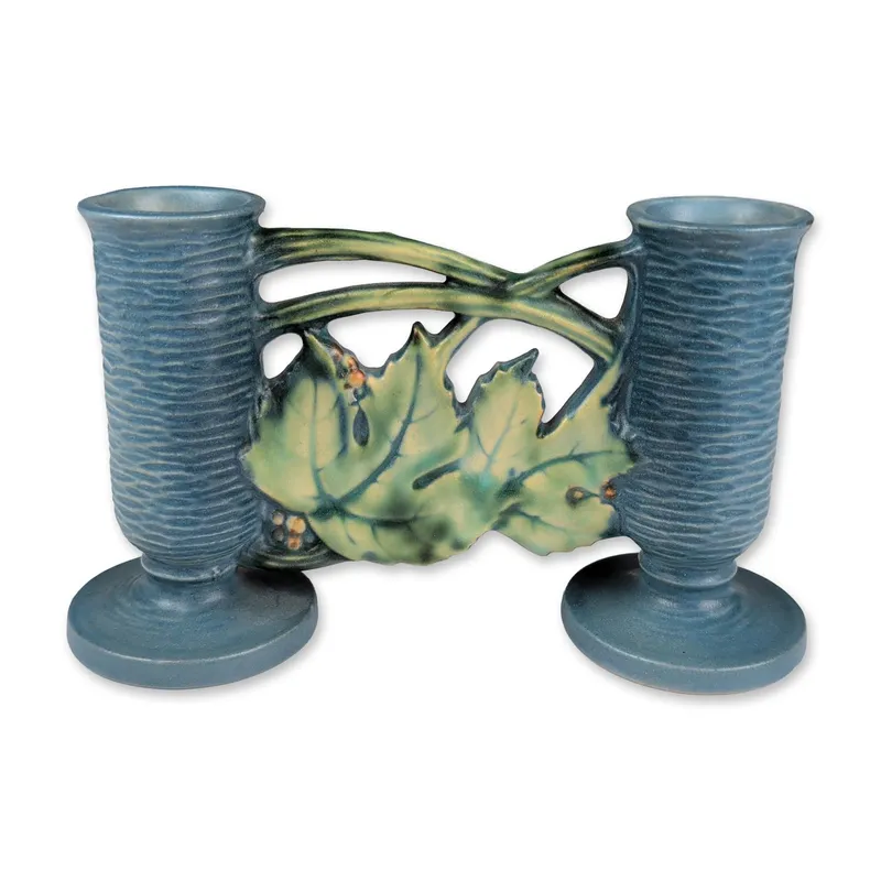 Roseville Pottery Double Bud Vase, Bushberry Blue from auction in Hollywood, Florida — image 19