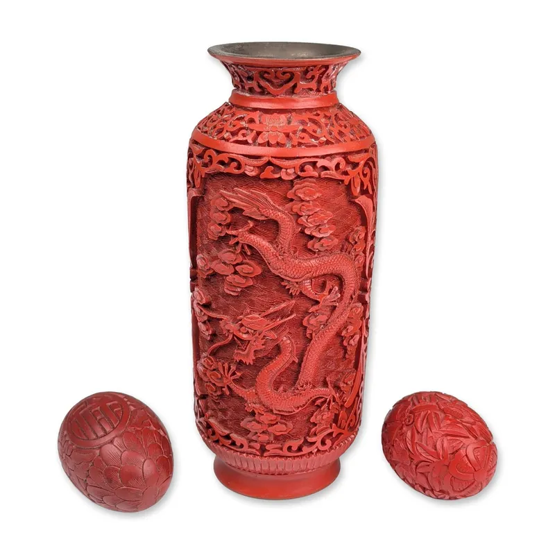 3pc Chinese Carved Cinnabar Lacquer Vase and Eggs from auction in Hollywood, Florida — image 37