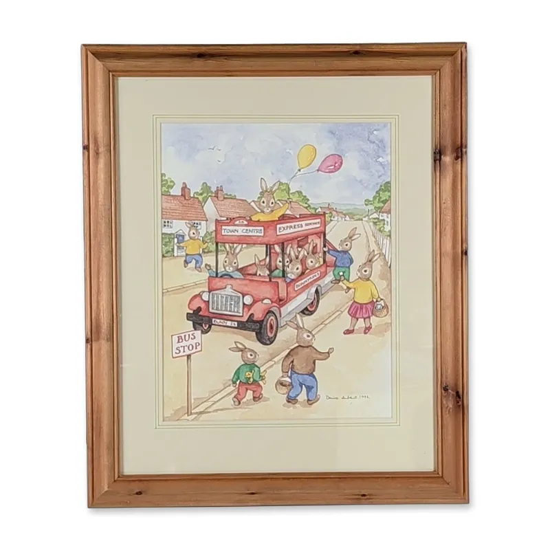 Denise Andrews 1994 Framed Original Watercolor Bunnykins Painting, The Bus Stop from auction in Hollywood, Florida — image 16