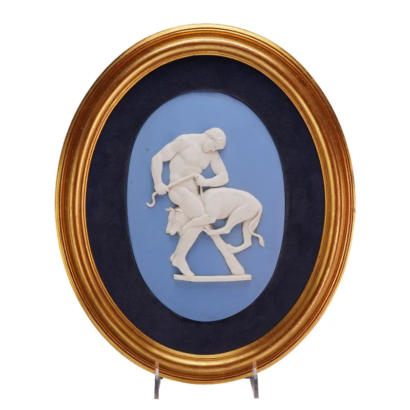 Wedgwood Blue and White Jasperware Oval Plaque Framed, Hercules and Cerberus from auction in Hollywood, Florida — image 12