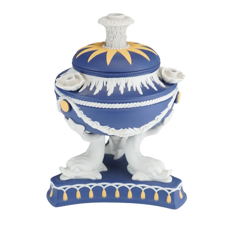 Wedgwood Blue Jasperware Dolphin Tripod Lidded Pastille Burner from auction in Hollywood, Florida — image 25