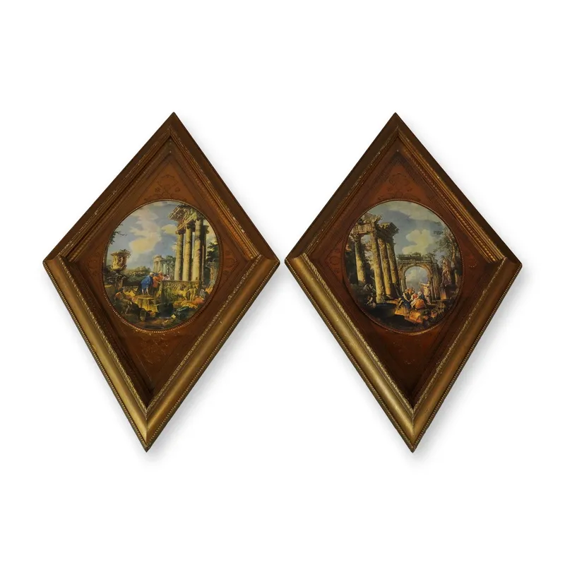 2pc After Giovanni Paolo Panini (Italian, 1691-1765) Large Hollywood Regency Diamond-Shaped Wall from auction in Hollywood, Florida — image 10