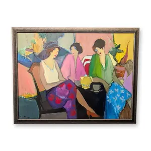 Itzchak Tarkay (Israeli, 1935-2012), Exhibition Scale Oil on Canvas, Three Women at Tea, Signed