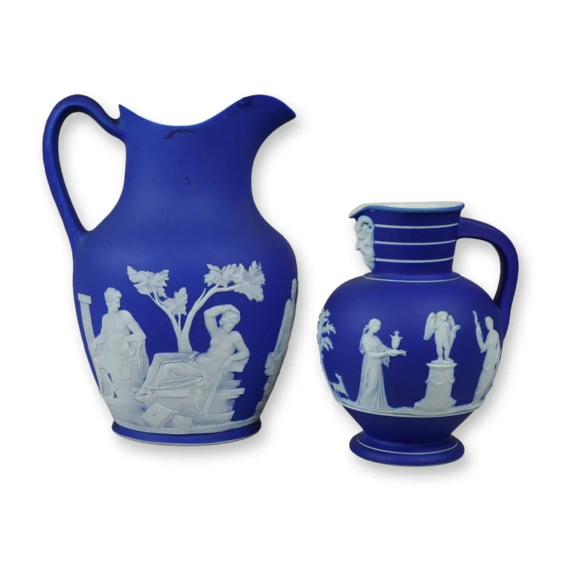 2pc Wedgwood Cobalt Blue Jasperware Dip Pitchers with Classical Relief Decoration from auction in Hollywood, Florida — image 7