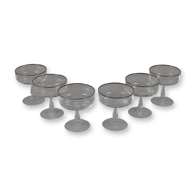 6pc Glass Champagne Coupe Glasses with Silver Toned Rims from auction in Hollywood, Florida — image 30