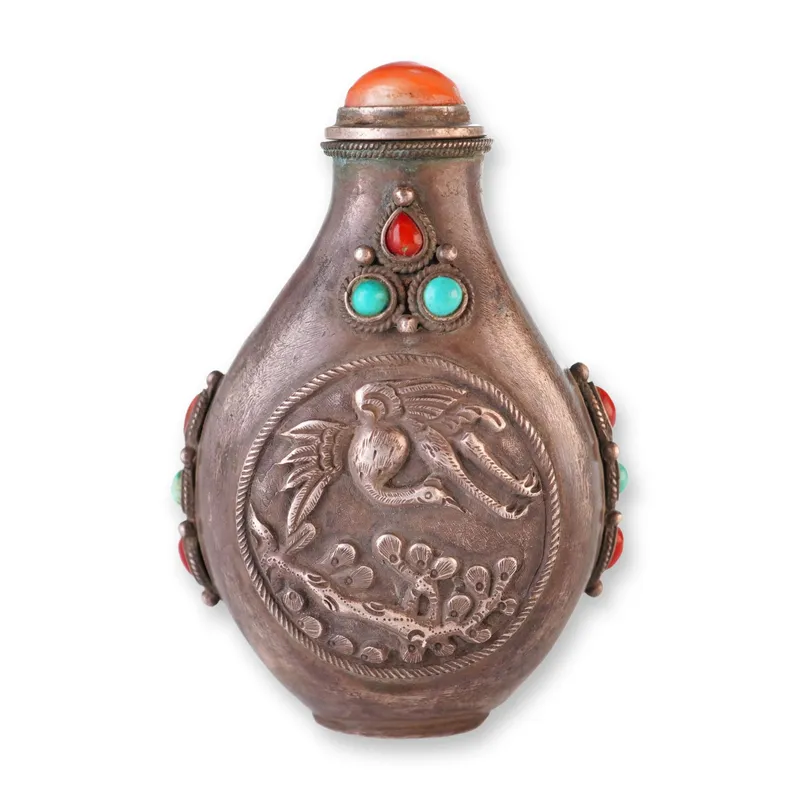 Mongolian Silver Repousse Snuff Bottle, Crane and Branch from auction in Hollywood, Florida — image 12