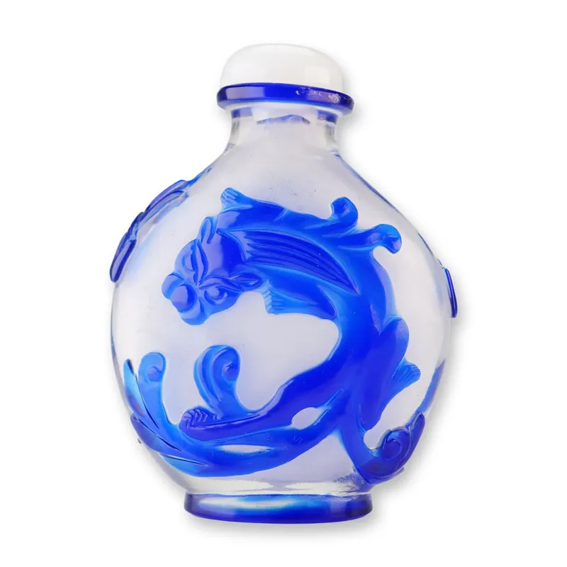 Peking Glass Snuff Bottle, Blue Overlay Chilongs from auction in Hollywood, Florida — image 21