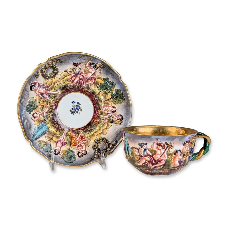 2pc Capodimonte Italian Relief Molded Porcelain Mythological Cup and Saucer Set from auction in Hollywood, Florida — image 11