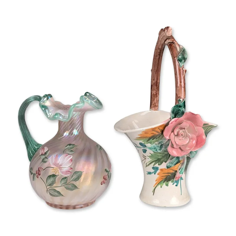 2pc Fenton Opalescent Glass Pitcher and Italian Ceramic Basket from auction in Hollywood, Florida — image 13