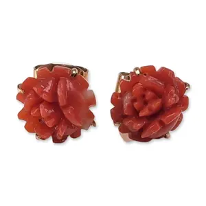 18K Yellow Gold Carved Coral Flower Stud Earrings