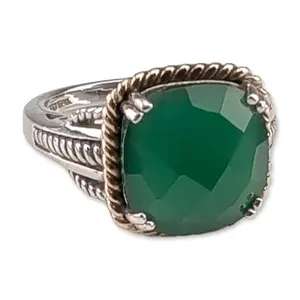 Two-Tone Sterling Silver and 10K Gold Green Onyx Cable Ring
