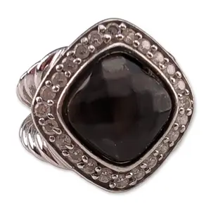Sterling Silver Black Mother of Pearl and Clear Stone Halo Ring