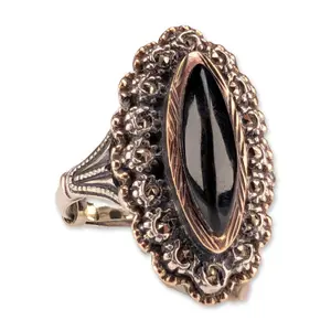 Vintage Sterling Silver and Gold Marcasite and Black Onyx Ring