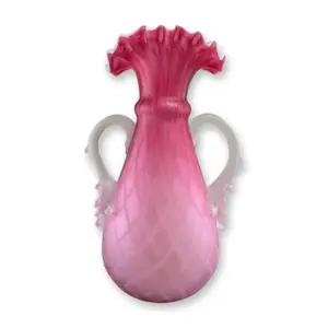 Victorian Mother of Pearl Rose Diamond Quilted Satin Glass Vase with Handles