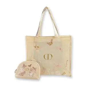 2pc Dior France Beauty Embroidered Mesh Bag Set