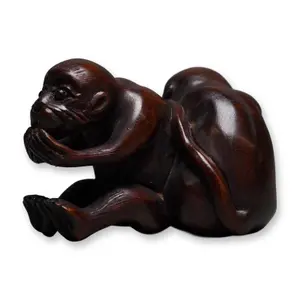 Wood Netsuke, Two Monkeys with Inlaid Eyes