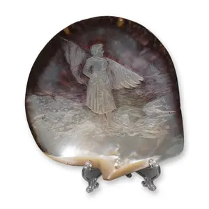 Carved Mother of Pearl Shell, Lady on Shore looking at Boat