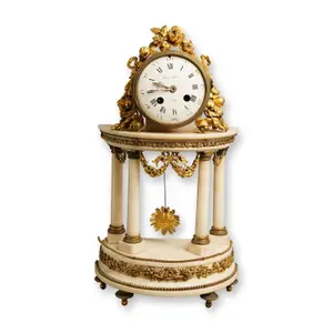 French Louis XVI Style Ormolu-Mounted White Marble Portico Clock, Signed Louis Faure a Paris, Circa