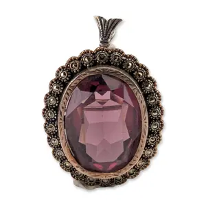 Art Deco Style 800 Silver Marcasite and Purple Glass Pendant Brooch
