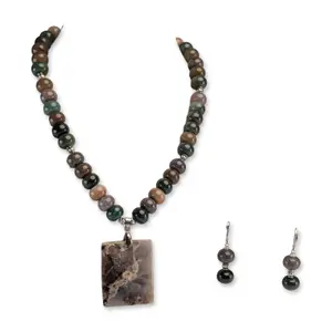 2pc Moss Agate and Silver Necklace and Earrings