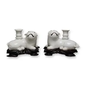 Pair of Chinese Porcelain Blanc de Chine Pug Dog Candleholders w/ Wooden Stands
