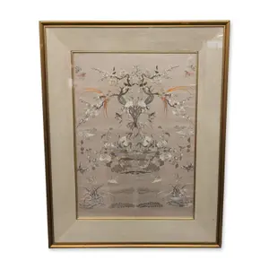 Chinese Framed Silk Embroidery Flora and Fauna Panel