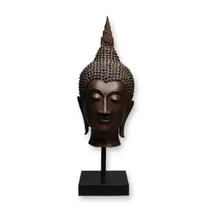Thai Bronze Buddha Head Sculpture on Display Stand