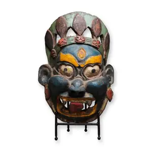 Large Tibetan Carved Wood and Polychrome Mask of a Demon