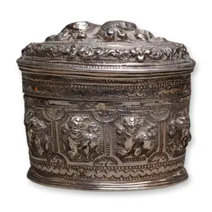 Burmese Sterling Silver Box with High Relief Lions