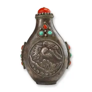 Mongolian Silver Repousse Snuff Bottle, Crane and Branch