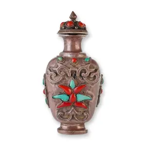 Mongolian Silver Repousse Snuff Bottle, Green and Red Lotus Flower