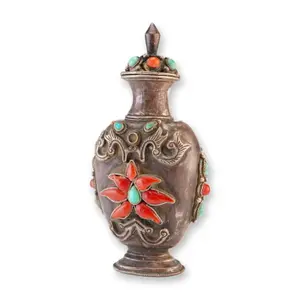 Mongolian Silver Snuff Bottle, Red Lotus Flower