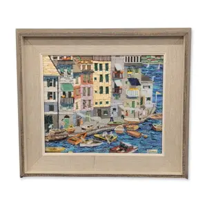 Mediterranean Coastal Harbor Mosaic Signed B. Benjamin