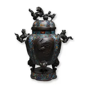 Japanese Champleve Enamel Lions, Elephants, and Phoenixes Motif Censer